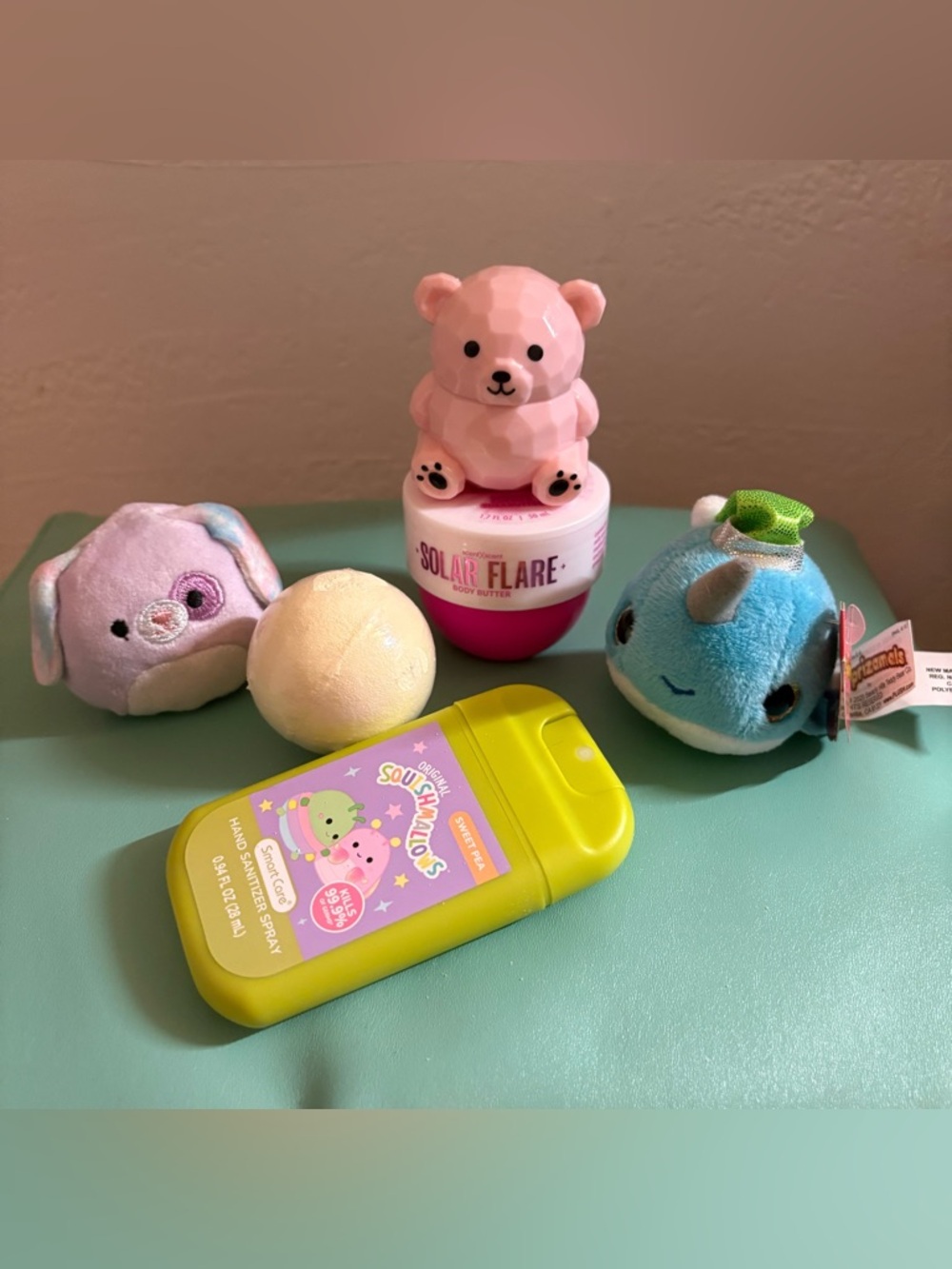 Squishmallow Hand Sanitizer Spray Set w/two Plushes & Solar Flare Body Scrub